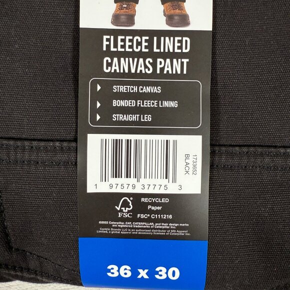 Caterpillar CAT Pants Men 36 x 30 Black Fleece Lined Canvas Workwear Straight - Picture 4 of 5